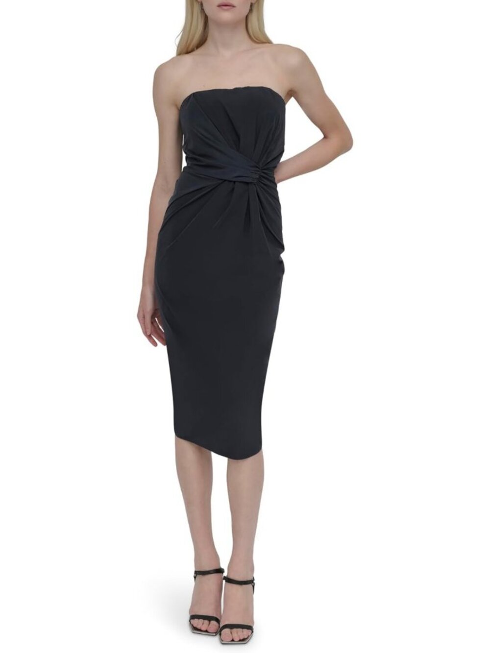 Chic Strapless Midi Dress with Twist Front Detail | Elegant Evening Wear